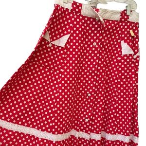 vintage red and white polka dot A-line skirt with white trim